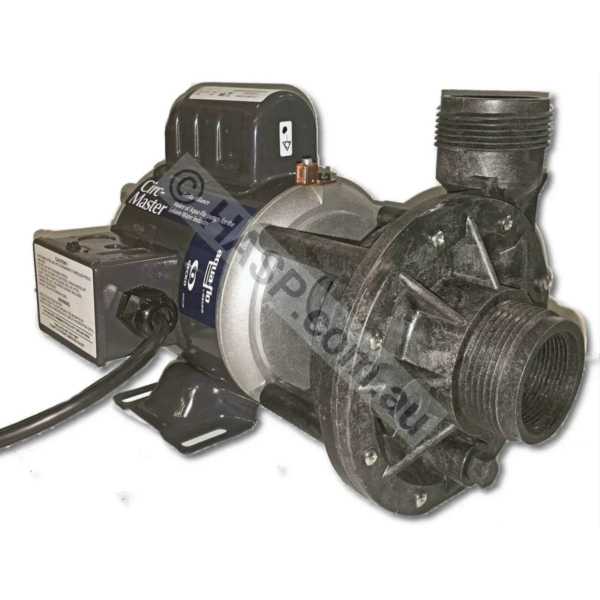 Aquaflo Circ-Master HP showing Emerson motor and union plumbing layout