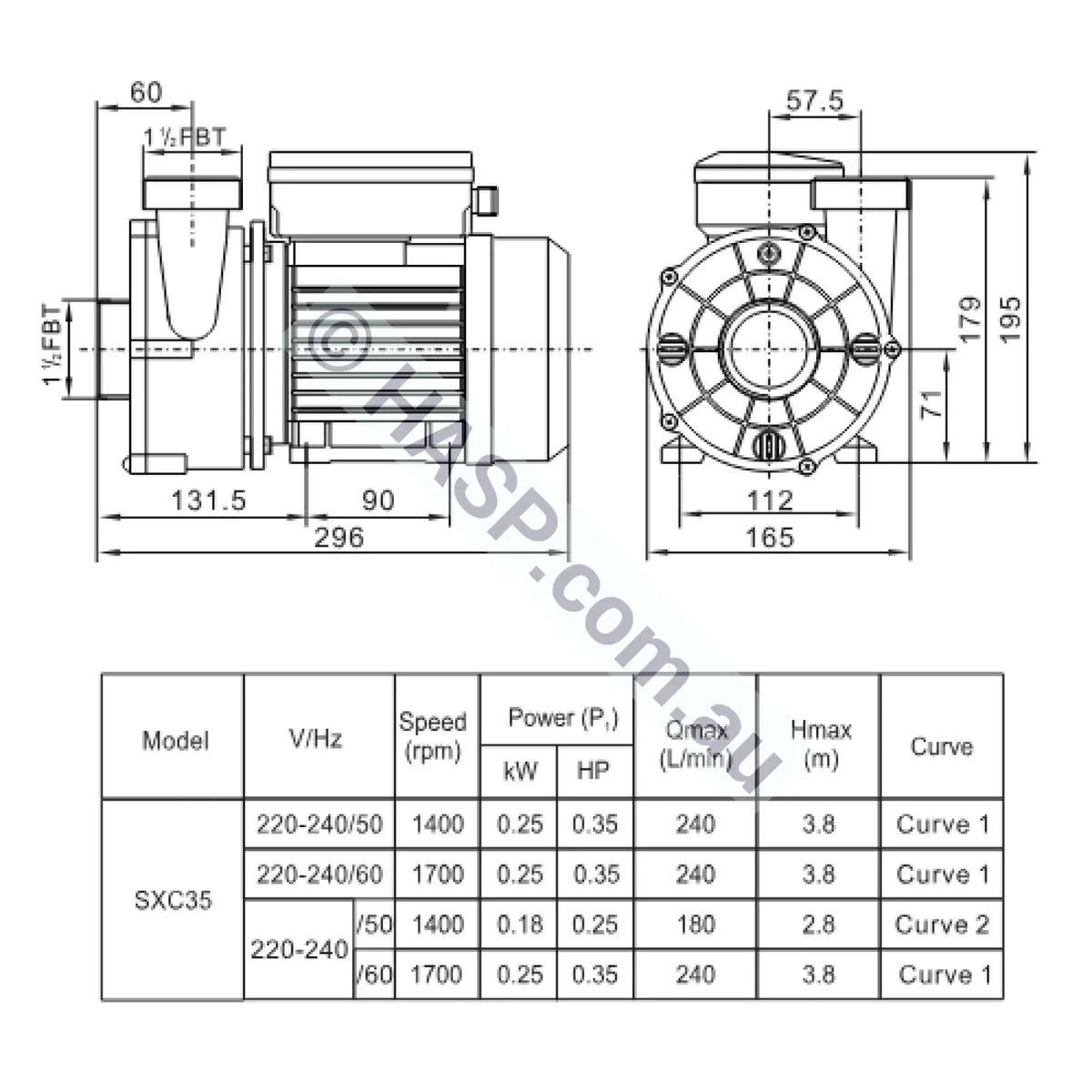 SXC35 Spa Circulation Pump - end view showing wet-end and outlet
