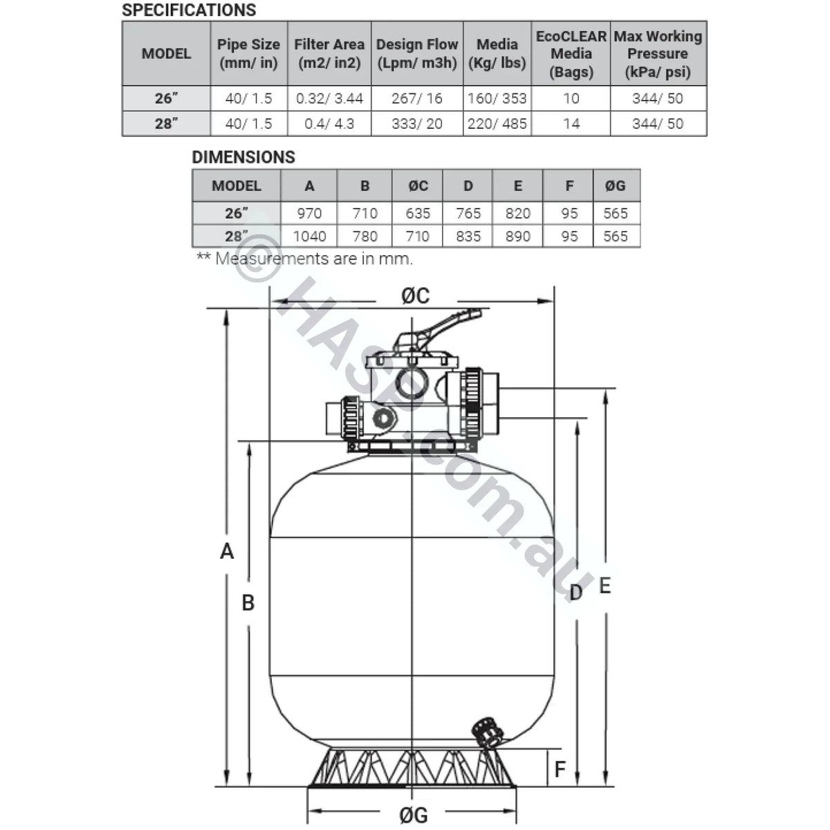 Madimack EliteClear Media / Sand Filter dimensions