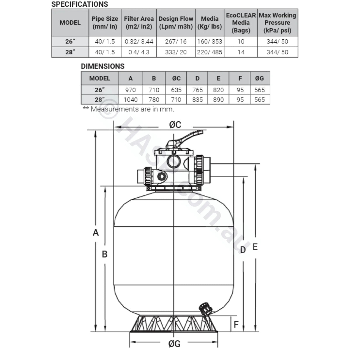 Madimack EliteClear Media / Sand Filter dimensions