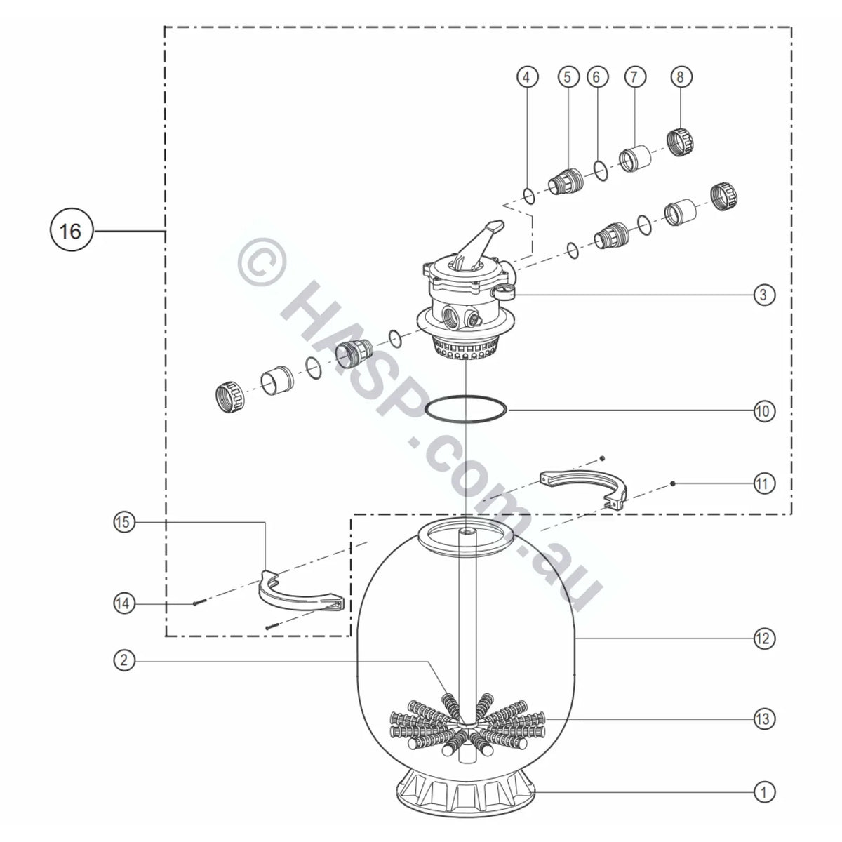 Astralpool Hurlcon RX sand filter multiport valve parts diagram, item 10 tank body O-ring