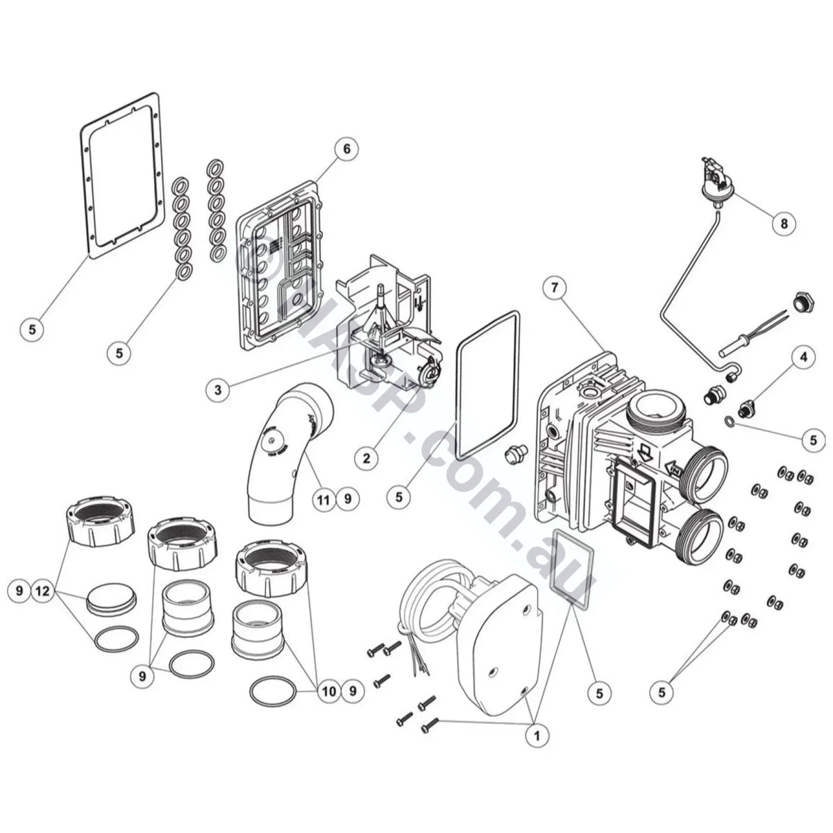 Astralpool IXI / Zodiac JXi water system exploded diagram, item 7 3 Port Manifold (No Backplate) R0590101