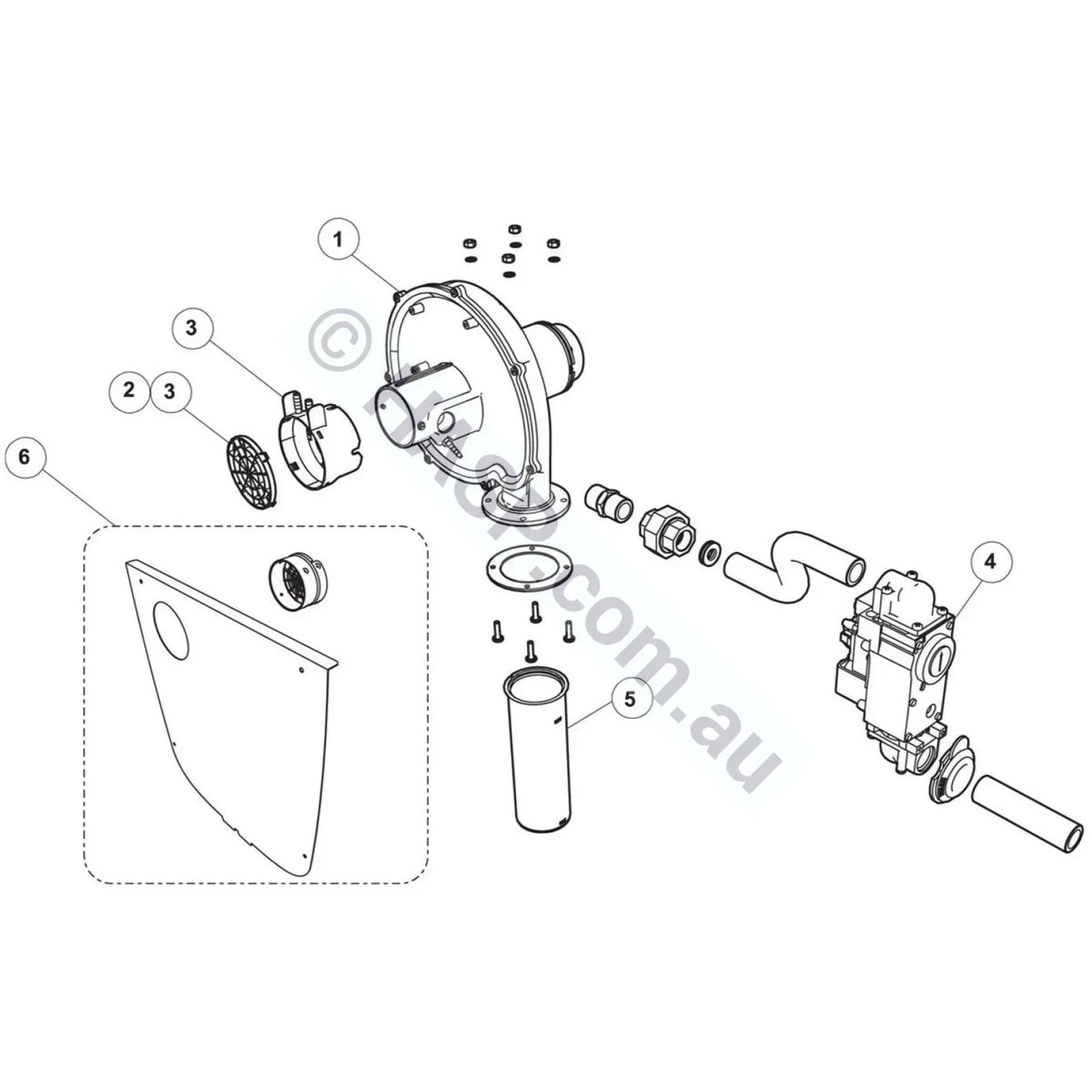 Astralpool IXI / Zodiac JXi burner assembly (fan and gas valve) exploded diagram, item 1 Blower Assembly Kit R0591100