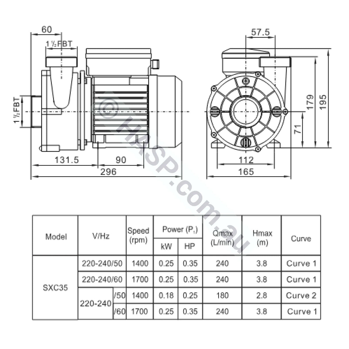 SXC35 Spa Circulation Pump - end view